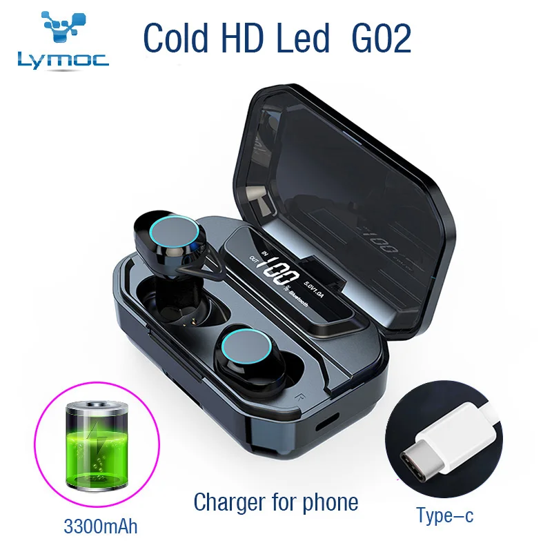 LYMOC 6D bluetooth наушники 5,0 беспроводные наушники светодиодный дисплей батареи CVC8.0 HiFi сенсорные гарнитуры 3300 мАч Зарядка для iPhone Android - Цвет: G02 Black