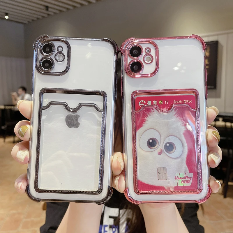 

Luxury Plating Bumper Card Bag Phone Case For iPhone 11 12 Pro Max X XR XS Max 7 8 Plus 11 Pro Transparent Back Cover