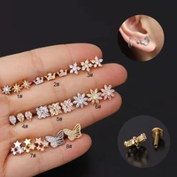 1pc 16g flower crown butterfly star ear piercing cz cartilage helix daith conch rook tragus stud labret back piercing jewelry