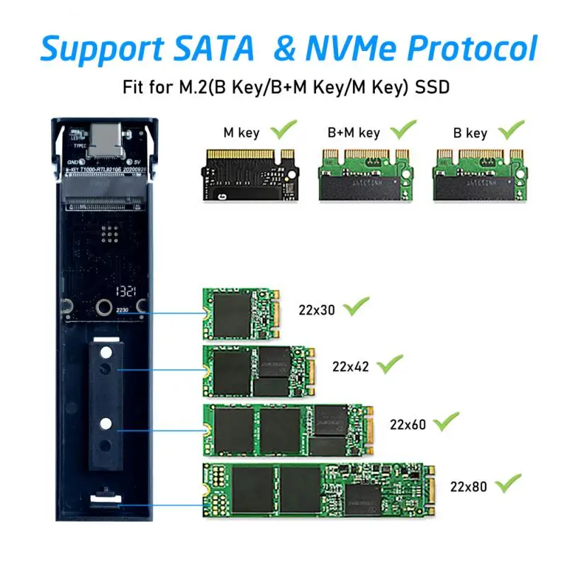 M.2 To USB 3.1 SSD Case Dual Protocol NVME PCIe NGFF SATA M2 Adapter For 2230 2242 2260 2280 NVMe/SATA RTL9210B | Компьютеры и офис