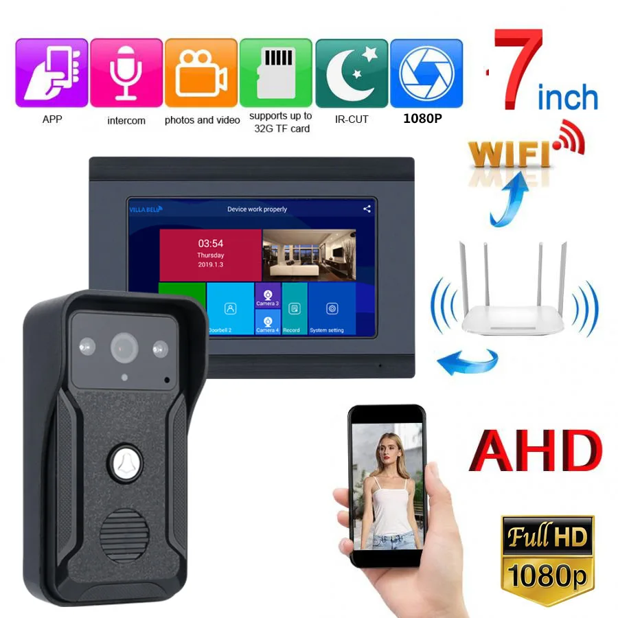 Видеодомофон 7 дюймов проводной Wi Fi с камерой ночного видения HD 1080P|Видеодомофон| |