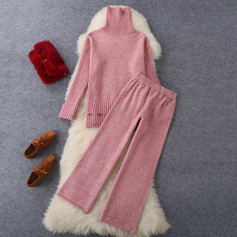 

Best selling Dubai Ladies Women Knitted Tracksuit + Wide leg pants Pullover Sweater Set suit
