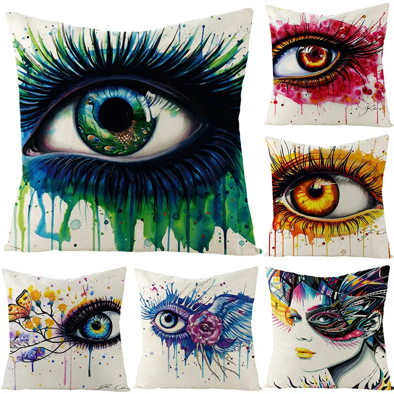 

2021 New Cool Colorful Girl Eyes Car Sofa Pillowcase Good Quality Linen Living Room Pillow Decorative many colors Cushion Cover
