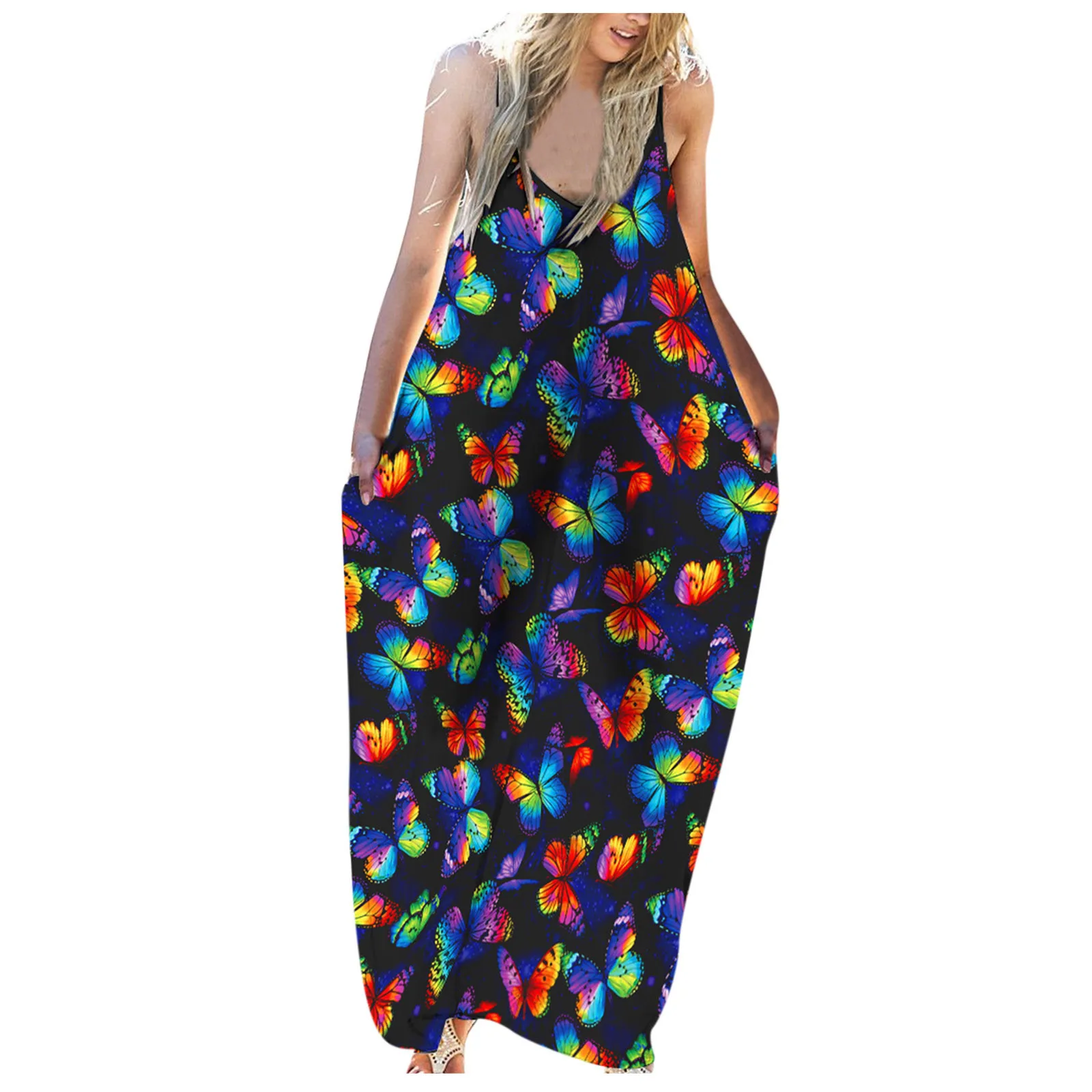 

Women Dress Sleeveless Print V-neck Maxi Dress Summer Party Cami Dress Pockets Bohemia Beach Sundress Vestidos Plus Size D24#