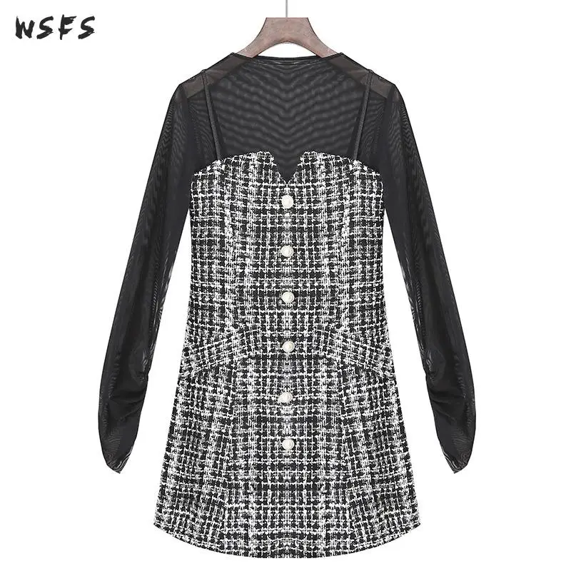 

2 Piece Set Autumn Black Mesh Tops Women Dresses Party Sexy Slim Black Plaid Dress Bodycon Bandage Midi Aline Korean Clothes