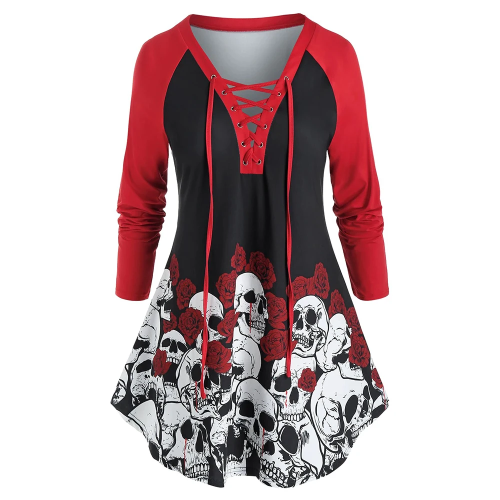 

Женский Длинный топ с длинным рукавом, V-образным вырезом и принтом черепа