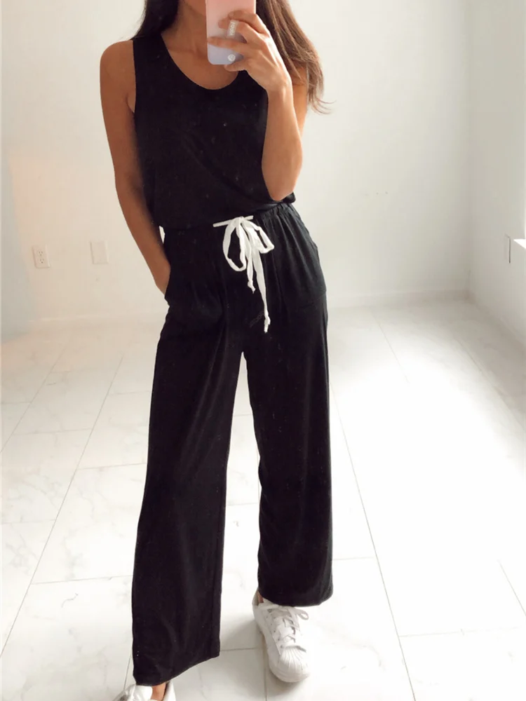 

Женский комбинезон без рукавов, однотонный длинный комбинезон на завязках, с карманами, 2020