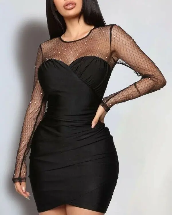 

2020 Vacation Vintage Package Hip Dresses Sexy Evening Party Club Bodycon Dress Slim Black Mini Mesh Lace Splice Pencil Dresses