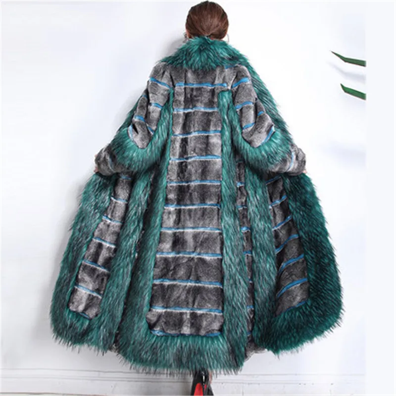 3XL Womens winter fashion 2022 luxury runway faux fur coat color block fluffy furry warm fake mink overcoat 870