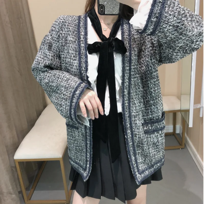 Серая льняная стеганая синяя тканая куртка на одной пуговице свободное Женское