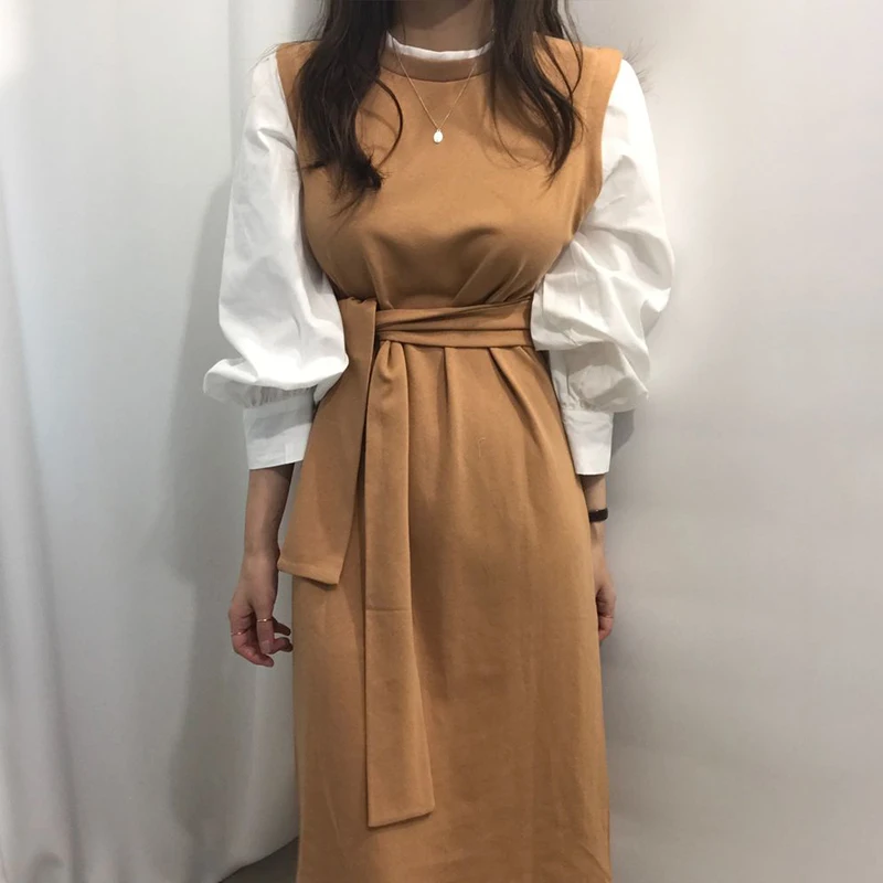 Женское длинное платье-рубашка с рукавами-фонариками и поясом | Женская одежда