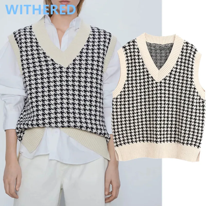 flocking england vintage plaid houndstooth sleeveless v-neck loose vest sweaters women pull femme pullovers tops | Женская одежда