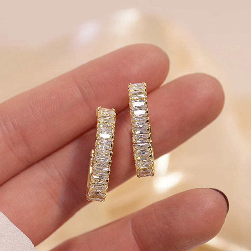 

Vintage Exquisite 14k Real Gold Jewelry Square Hoop Earrings for Women Luxury AAA Zircon Stud S925 Silver Needle Party Fine Gift