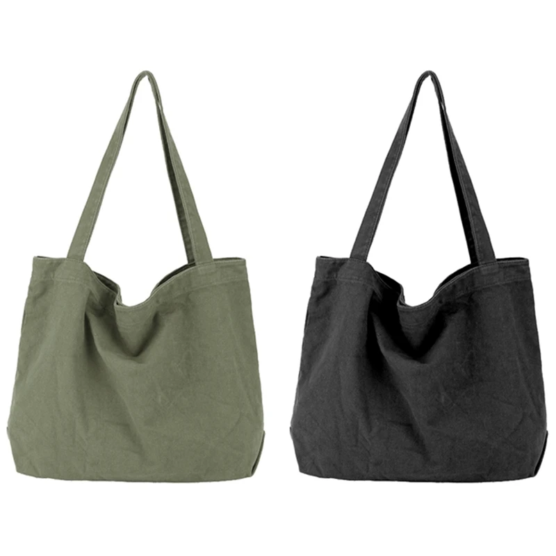 

2x Canvas Handbag Simple Men's Large-Capacity Cotton Tote Bag Women's Reusable Shopping Bag (Black/Green)