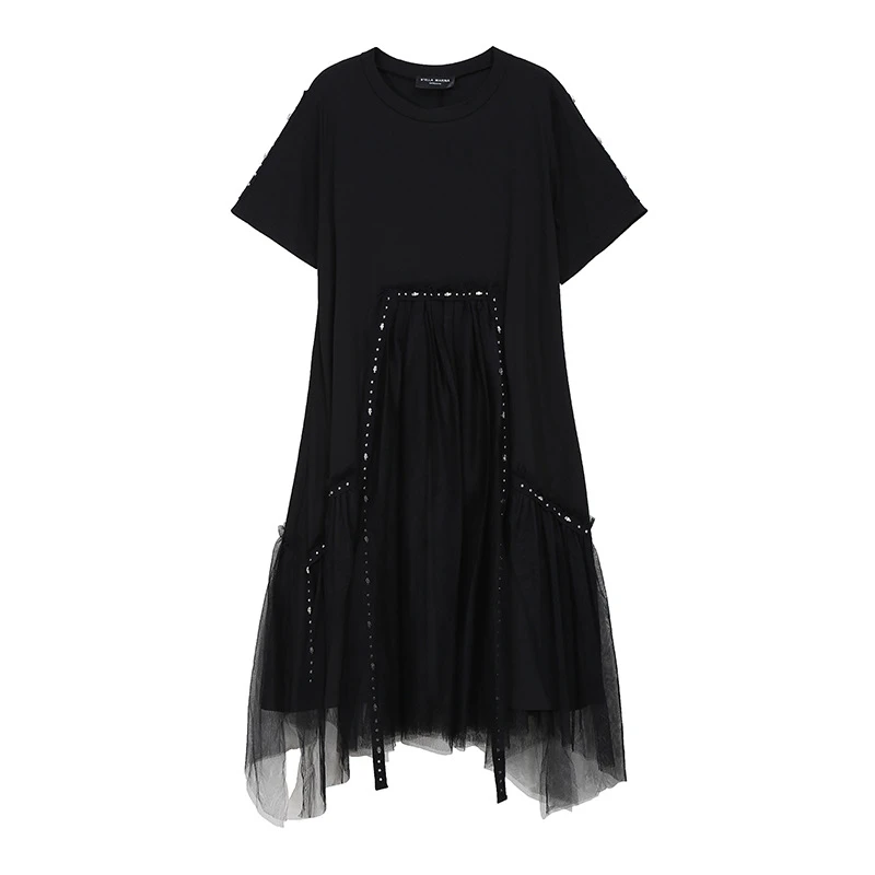 

Women Black Nailed Mesh Big Size Dress New Round Neck Short Sleeve Loose Fit Fashion Tide Spring Summer 2021