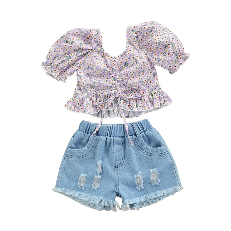 

Летний комплект для маленьких девочек, Модный цветочный топ с коротким рукавом и V-образным вырезом и однотонные рваные джинсовые шорты 1-7 лет