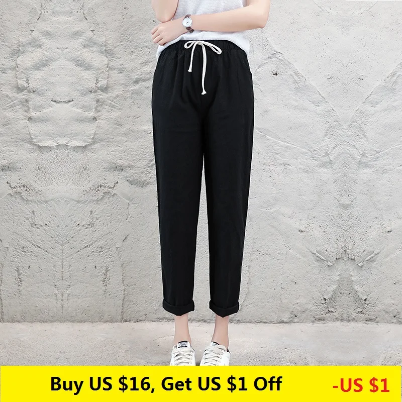 Brand Chic Loose Cotton Linen Pants Women Soft Harem Breathable Slim Ankle Length Korean Leisure Hallen Black | Женская одежда