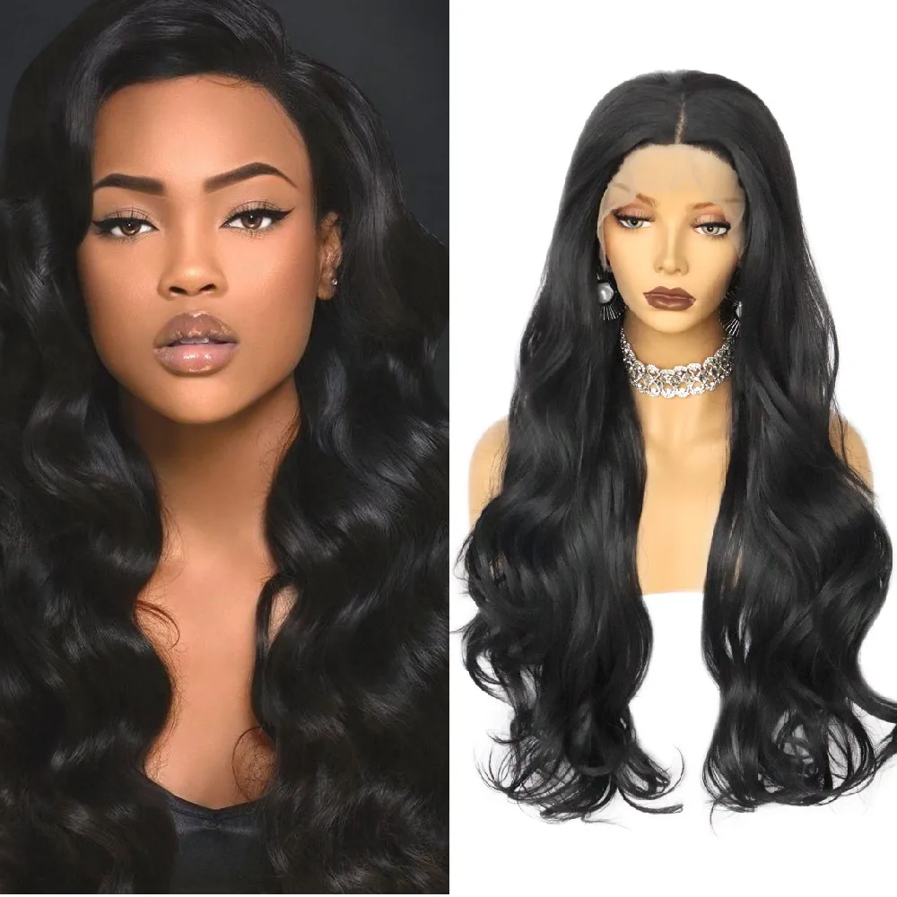 32 Inches 1# Black Lace Front Wig Natural Hairline Glueless High Temperature Fiber Hair Synthetic Wigs Long Wavy for Black Girls