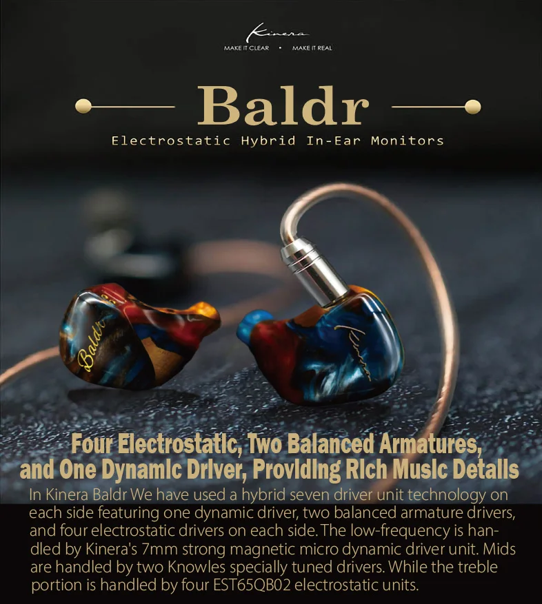 Наушники-вкладыши Kinera Baldr 4EST + 1DD 2BA гибридные Hi-Fi наушники-вкладыши с монитором и 2