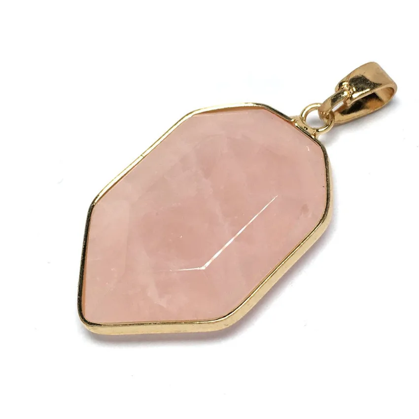 

Light Yellow Gold Color Geometric Shape Section Rose Pink Quartz Pendant Malachite Stone Fashion Jewelry