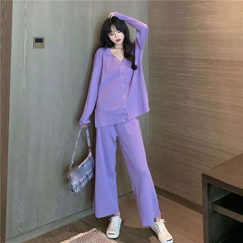 

fashion Temperament Knitted Two piece Casual set Women Long Pullover Top and wide-leg pants Suits High QualitySpring F all 2021