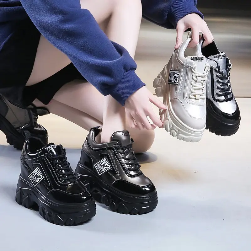 

Thick Bottom Chunky Sneakers 2021 New Spring Women High Platform Sport Shoes Woman Casual Wedges Leather Dad Shoes Footwear 9CM