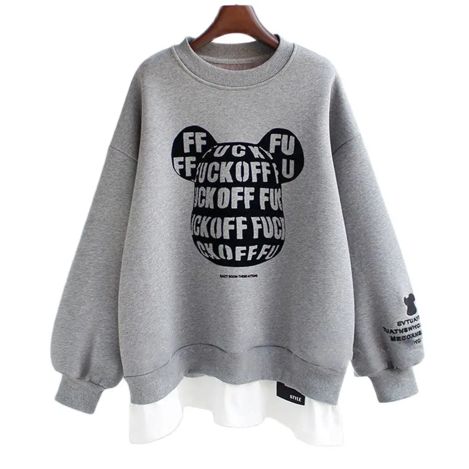 

Winter Women Hooded Thicken Warm Round Neck Long Sleeve Splice Fake Two No Brim Casual Plus Size Warm Fleece Top