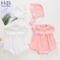 humor bear baby clothes set summer new sleeveless solid color lace patchwork jumpsuit hat 2pcs toddler infant clohtes