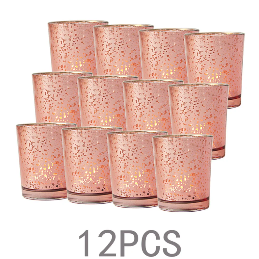 Rose Gold 12 шт., подсвечник для романтических свечей из ртутного стекла, подсвечник при свечах, ужин, свадьба, вечеринка, лампа для свечей, украшение дома - Цвет: Rose Gold
