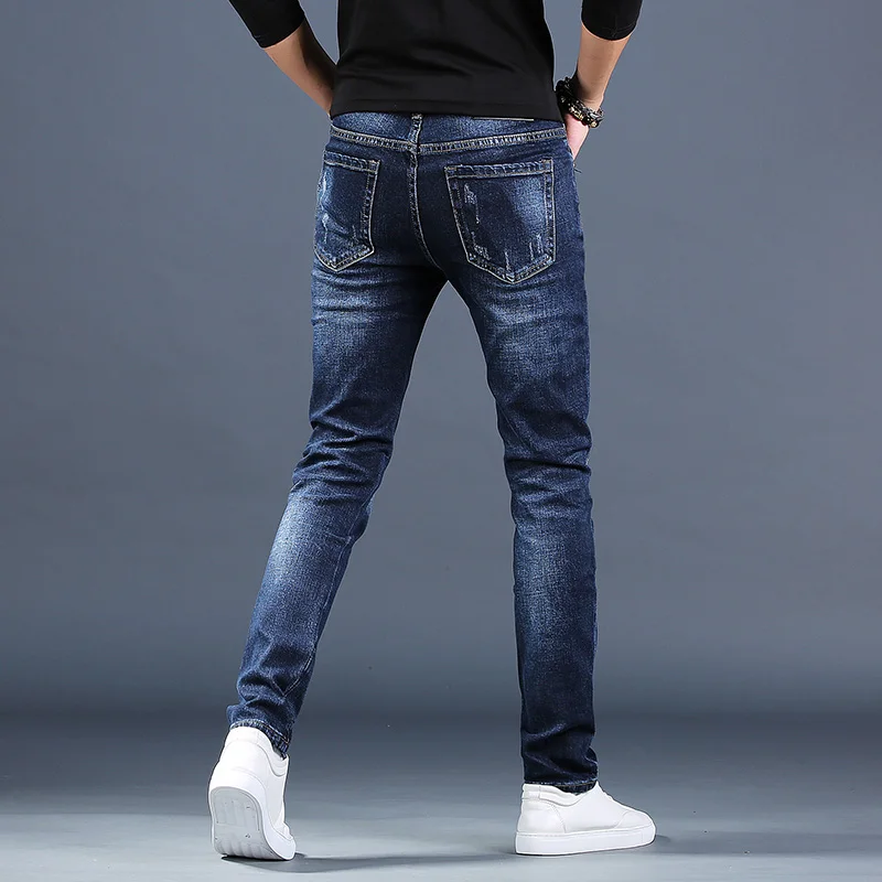 Men Embroidered Ripped Jeans Fashion Stretch Straight Slim Fit Pants Casual Streetwear Distressed Blue Denim Trousers