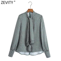 zevity women vintage stand collar geometric print casual kimono blouse female back split shirt lace up bow chemise tops ls9871