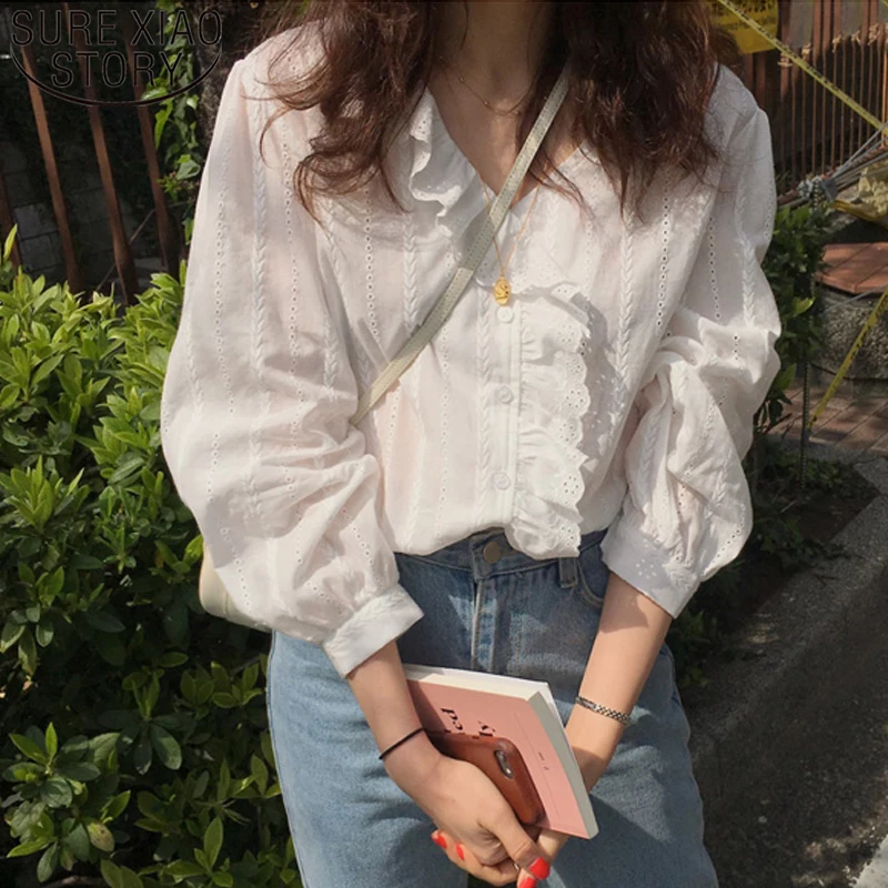2021 Korean Style Solid Cotton Simple Womens Tops and Blouses Sweet Ruffled V-neck Long Sleeve Shirt Women White 8561 |