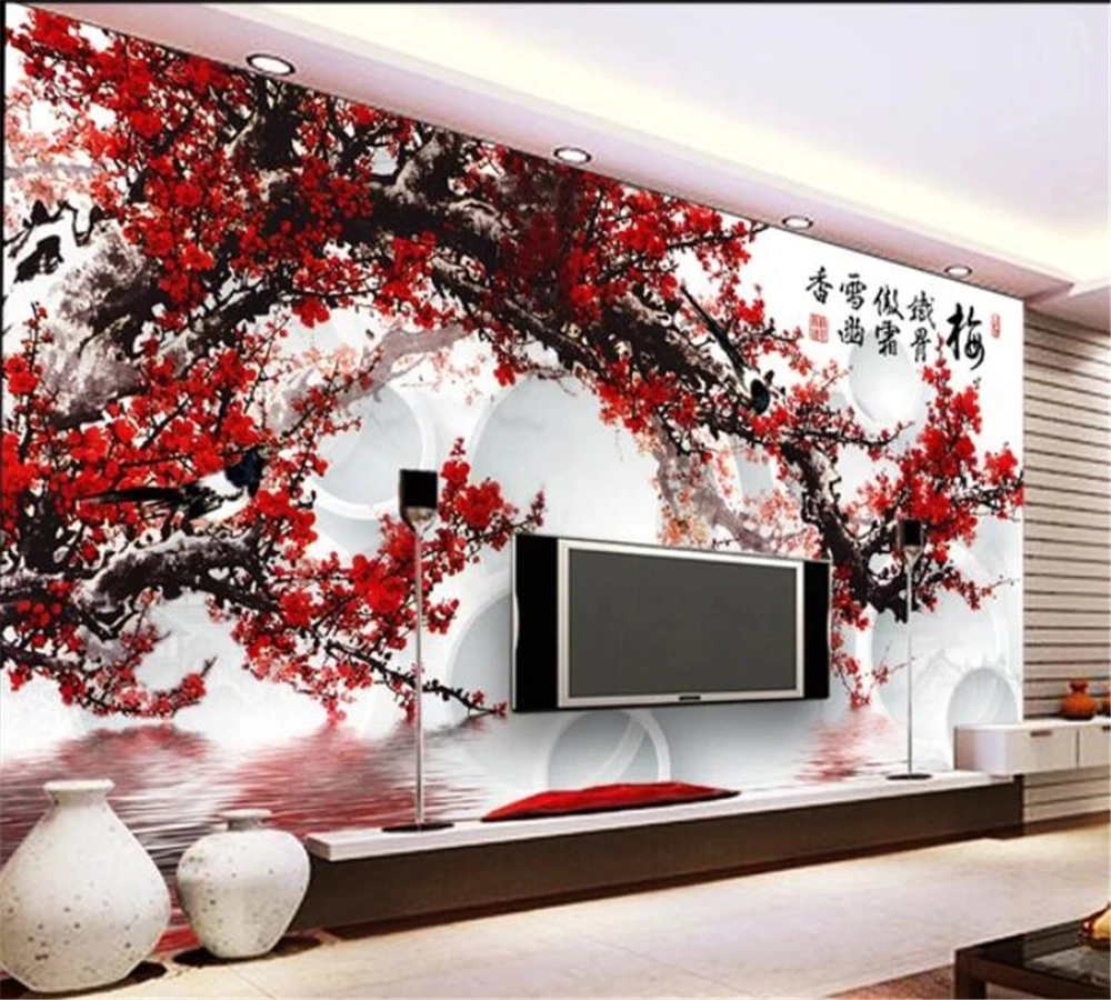 

beibehang Wallpaper mural custom home decoration living room bedroom romantic plum blossom reflection 3D TV background wall