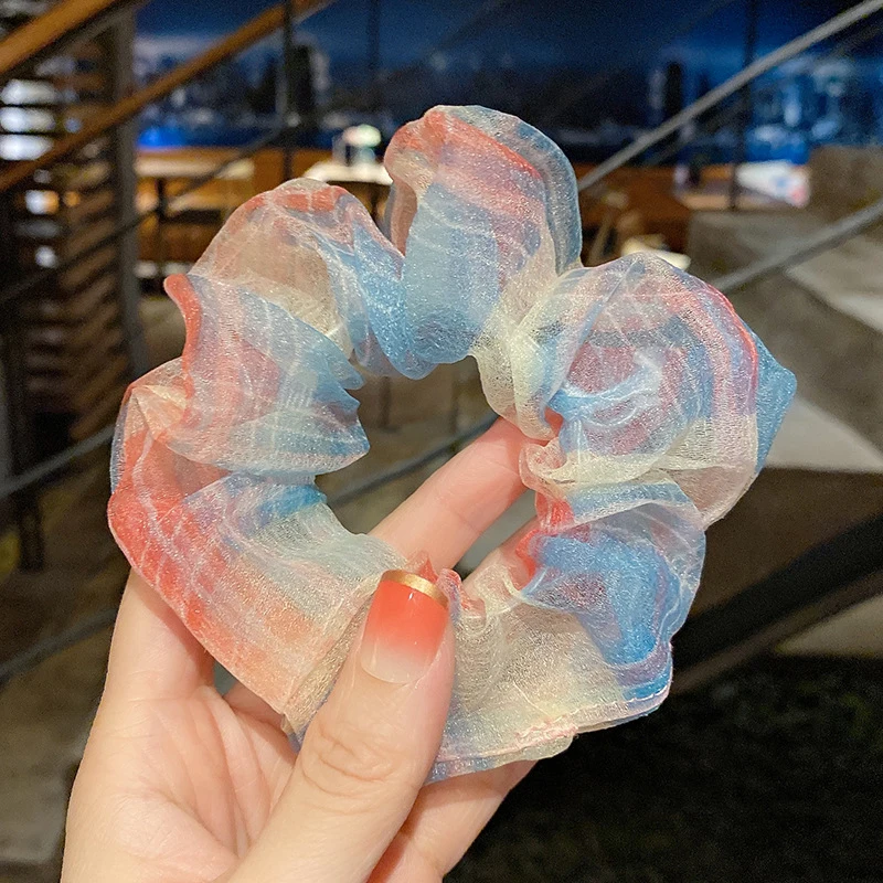 

2021 Korea Plaid Flower Printing Sweet Mesh Scrunchies Colorful Head Hair Accessories Silk Hair band Hair Tie Hair Tie Hair Rope