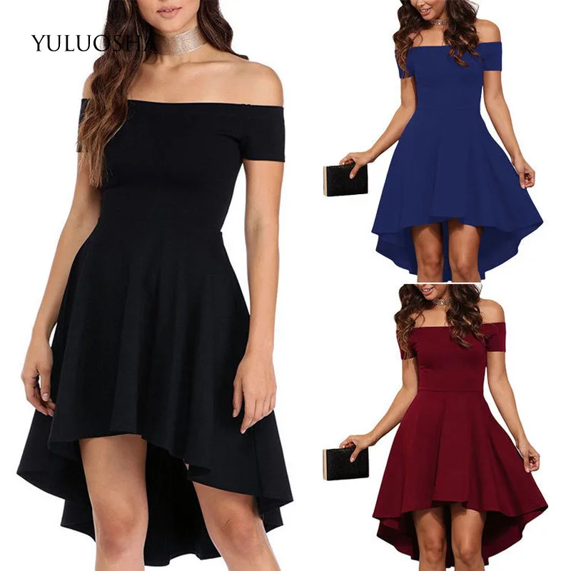 

YULUOSHA Elegant Women's Short Sleeve A Line High Low Cocktail Dress Short Solid Evening Party Prom Dress Vestidos De Fiesta