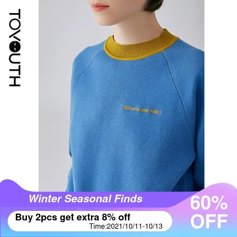 

Toyouth Women Pullover Sweaters Autumn Vintage Round Neck Long Sleeve Color Blocking Chic Crop Tops