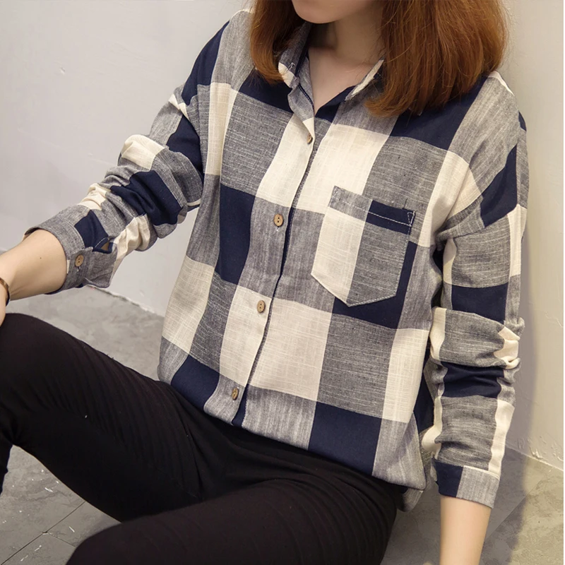 2021 женская блуза с длинным рукавом рубашки в клетку Топы Повседневные модные