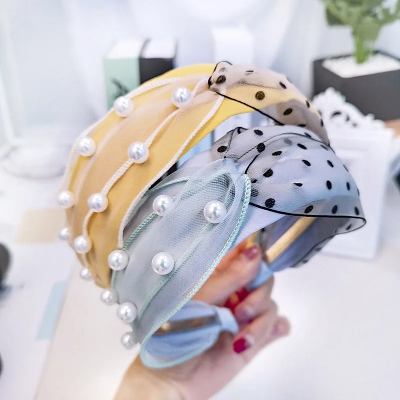 Ободок для волос женский в горошек обруч с жемчужинами и сеткой аксессуар на