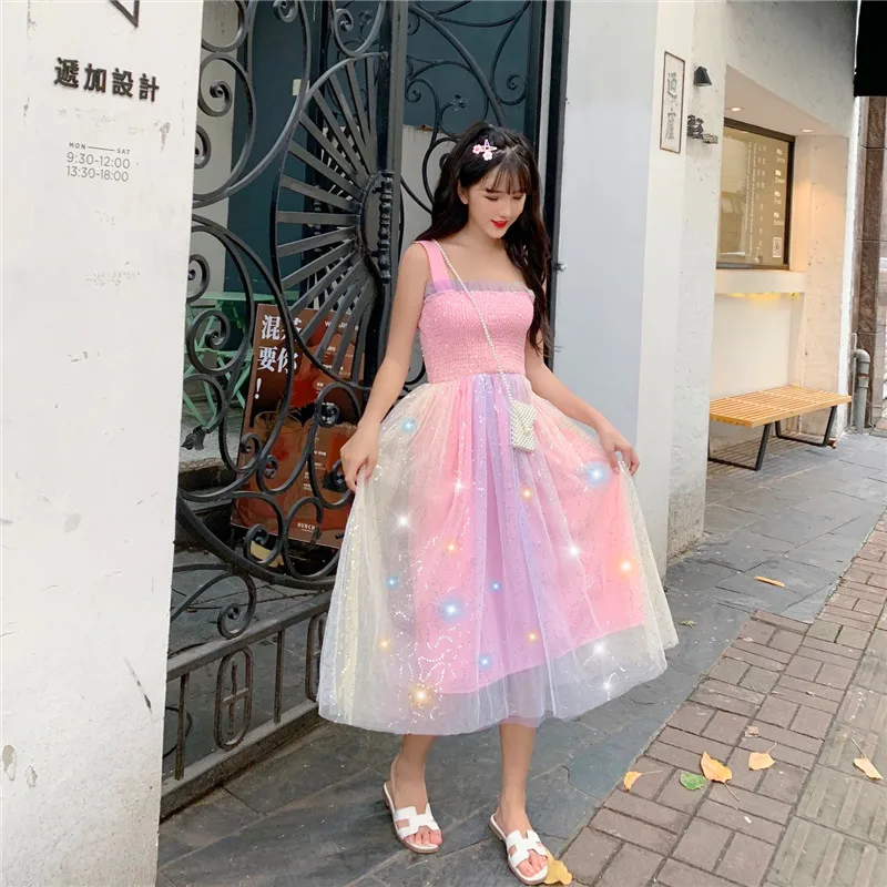 Милые радужные платья на бретелях спагетти летняя женская одежда в стиле ольччан