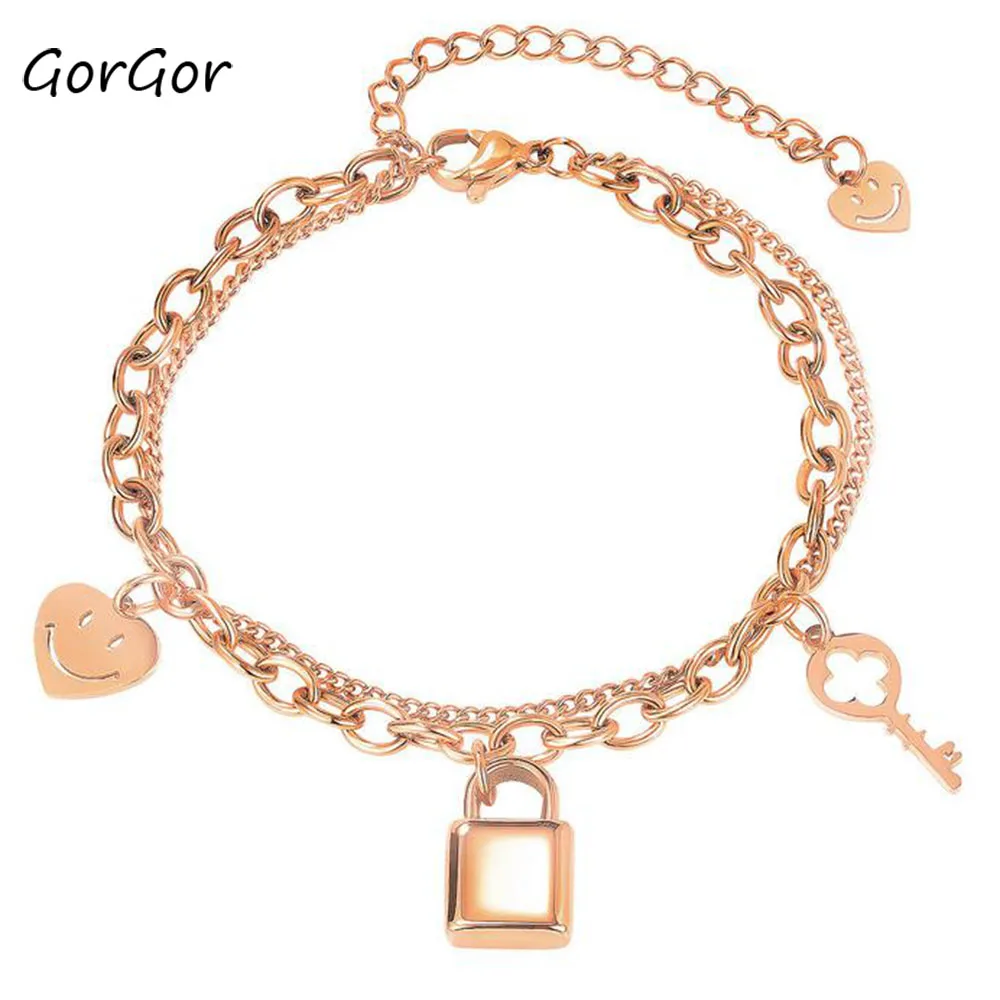

GorGor Bracelets Women Stainless Steel Pattern Key-lock-smiley Pendant Cute Style Simplicity Temperament Jewelry TS-1098