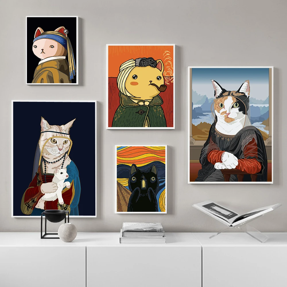 

Cartoon Poster Cat in Pearl Earring Canvas Painting Cat Lady Art Print Monalisa Funny Wall Picture For Living Room Home Decor