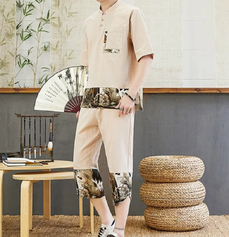 

(Рубашка + брюки) летняя модная мужская рубашка, мужские рубашки из хлопка и льна, мужские повседневные рубашки с коротким рукавом, Мужские р...