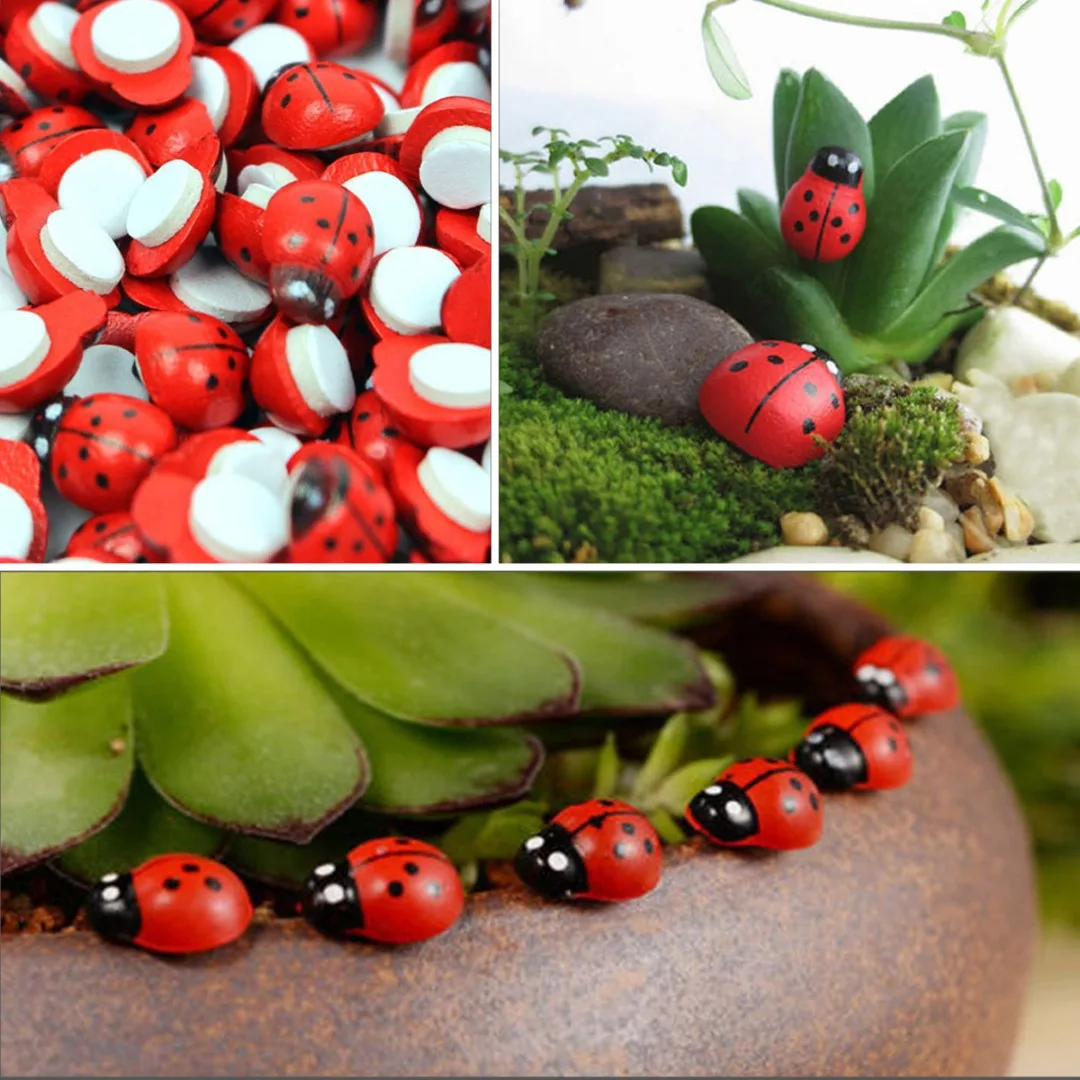 50pcs/bag 11*8mm Mini Beetles Ladybird Ornament DIY Wood Ladybug Craft Micro Landscape Home Garden Pot Decor | Дом и сад