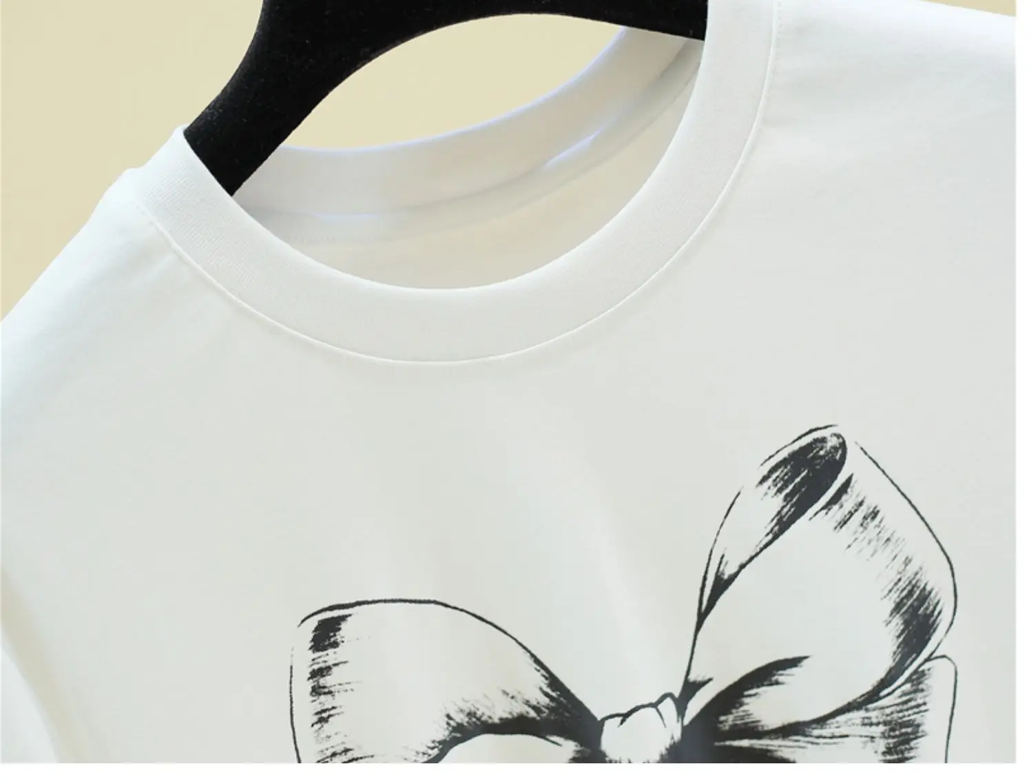 

2021 Summer Bow Print Cotton Short Sleeve Loose Female T-shirt Women New Western Style Casual Top Solid Crew Neck Pullover Tee