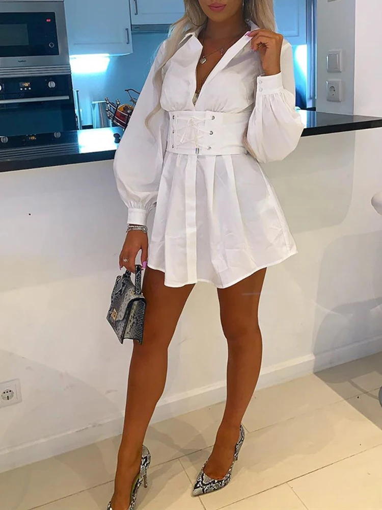 JillPeri Autumn Long Sleeve Shirt Dress with Corset Belt Solid Sexy Elegant Outfit Office Lady Street Wear Party Dress Set