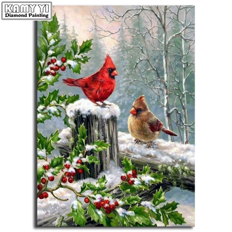

Full Round Diamond embroidery Cross stitch Cardinals Full Square Diamond painting birds DIY 3D Diamond mosaic landscape winter