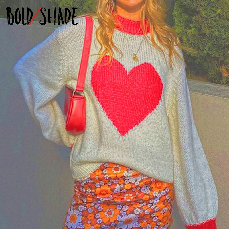

Bold Shade 90s Soft Girl Style Knit Pullover Sweater Heart Print Long Sleeve Oversized Jumpers Y2K Streetwear Fall Patchwork Top