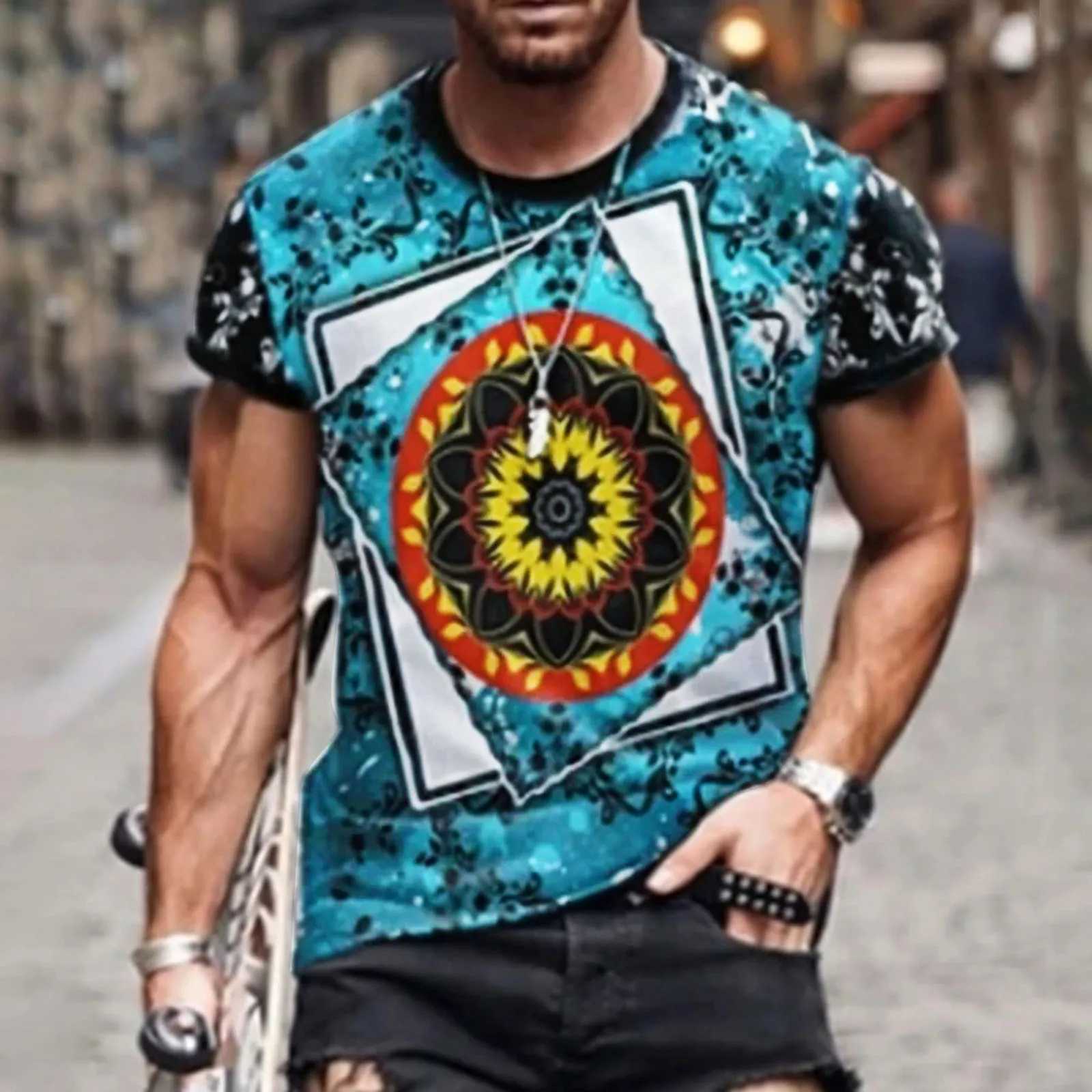 

Men Spring Summer Casual Slim 3D Printed Short Sleeve T Shirt Top Blouse