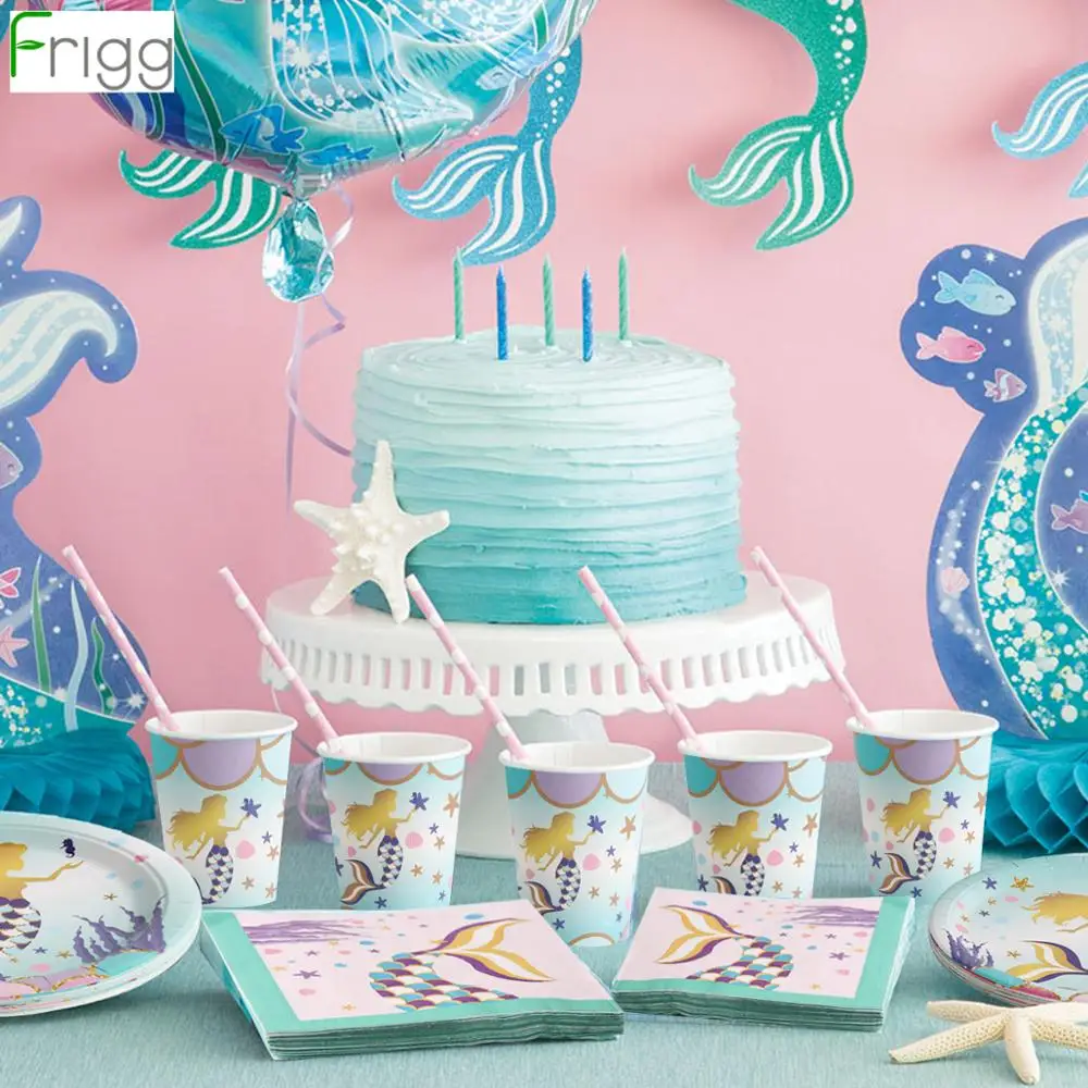 Одноразовая посуда с маленькой русалочкой декор для дня рождения бумажные