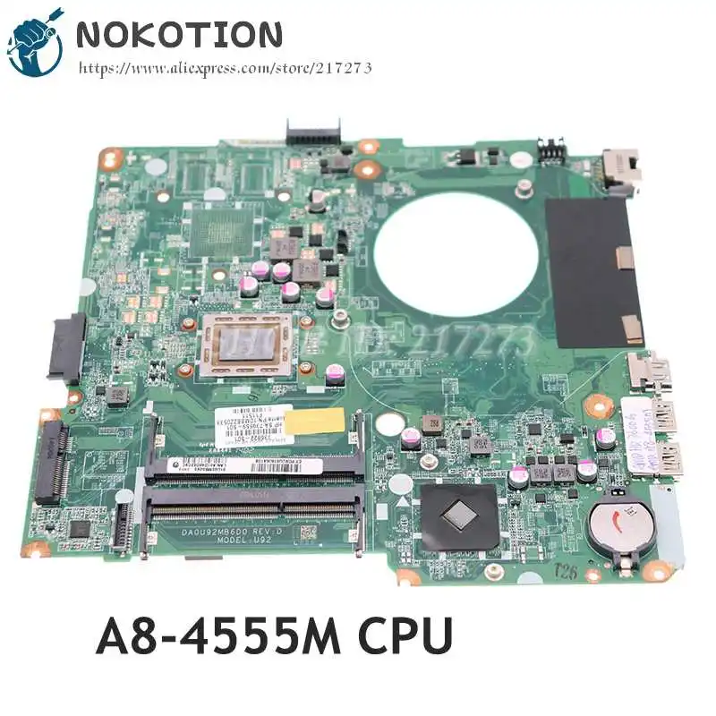 

NOKOTION DA0U92MB6D0 736822-501 736822-001 739659-501 Laptop Motherboard For HP Pavilion 14-N MAIN BOARD A8-4555M CPU DDR3